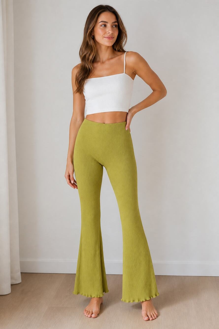 Aerie Ribbed High Waist Flared Pants S Lime Green